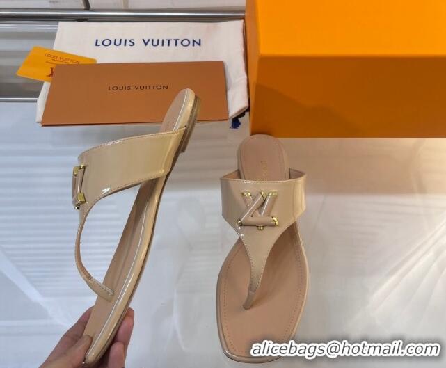 Classic Hot Louis Vuitton Shake Flat Thong Slide Sandals in Patent Leather Beige 625119