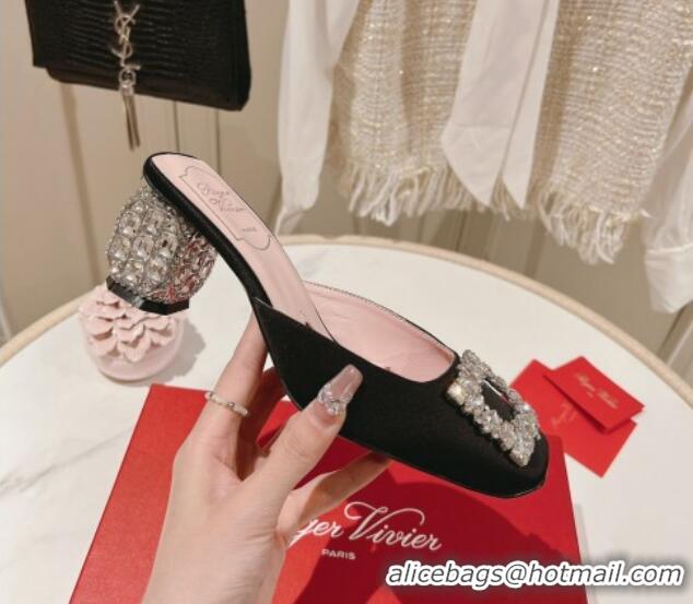 Hot Style Roger Vivier Heel Mules 5cm with Crystals Buckle in Satin Black 625121