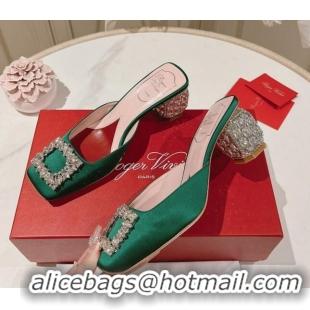 Pretty Style Roger Vivier Heel Mules 5cm with Crystals Buckle in Satin 625121 Green