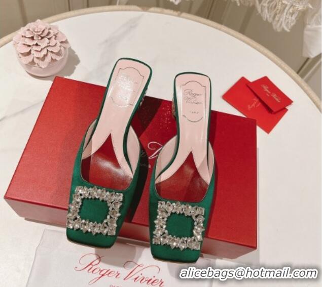 Pretty Style Roger Vivier Heel Mules 5cm with Crystals Buckle in Satin 625121 Green