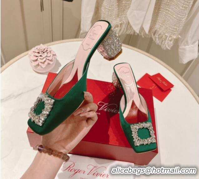 Pretty Style Roger Vivier Heel Mules 5cm with Crystals Buckle in Satin 625121 Green