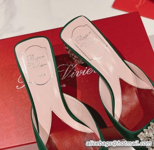 Pretty Style Roger Vivier Heel Mules 5cm with Crystals Buckle in Satin 625121 Green