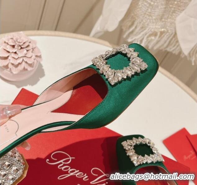 Pretty Style Roger Vivier Heel Mules 5cm with Crystals Buckle in Satin 625121 Green