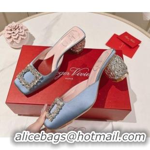 Top Grade Roger Vivier Heel Mules 5cm with Crystals Buckle in Satin 625121 Blue