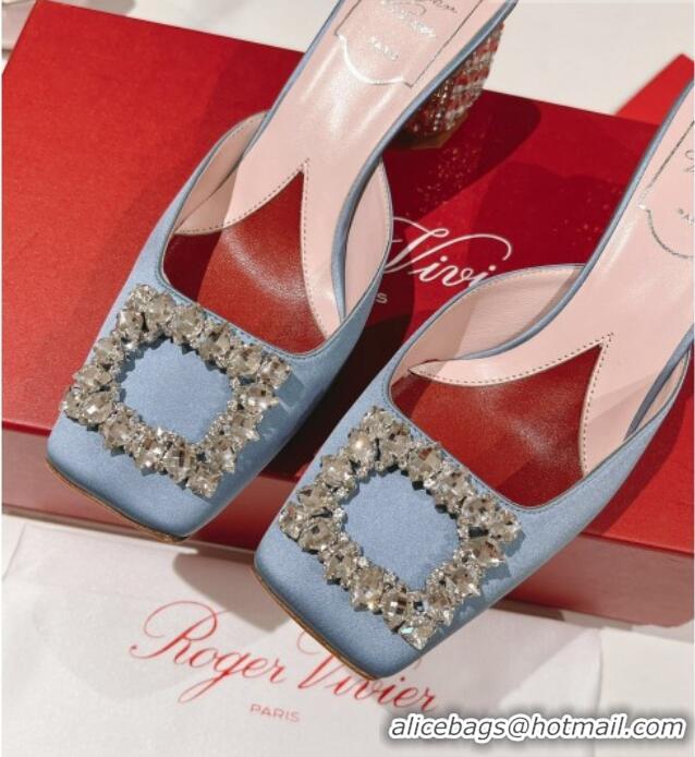 Top Grade Roger Vivier Heel Mules 5cm with Crystals Buckle in Satin 625121 Blue