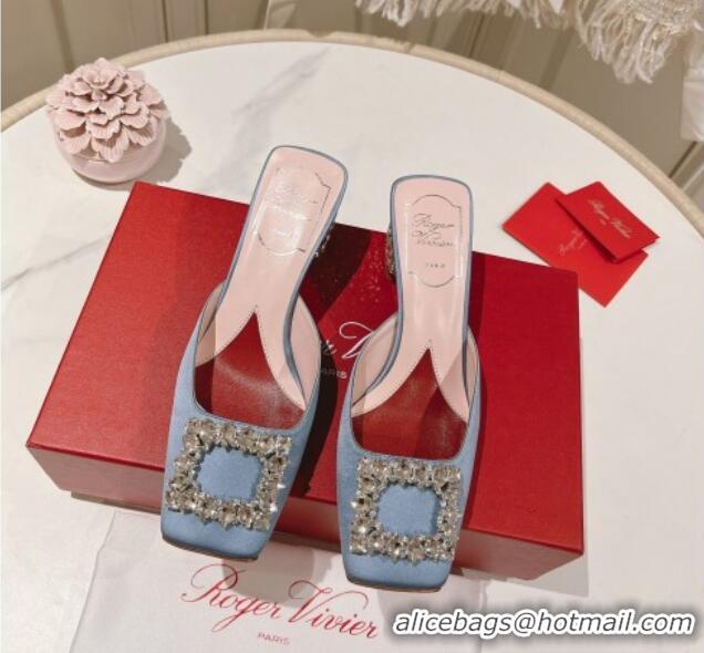 Top Grade Roger Vivier Heel Mules 5cm with Crystals Buckle in Satin 625121 Blue