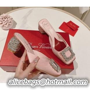 Charming Roger Vivier Heel Mules 5cm with Crystals Buckle in Satin 625121 Pink