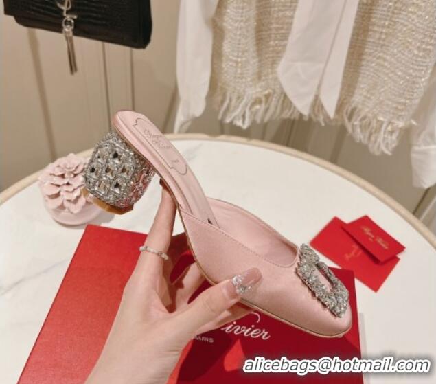 Charming Roger Vivier Heel Mules 5cm with Crystals Buckle in Satin 625121 Pink