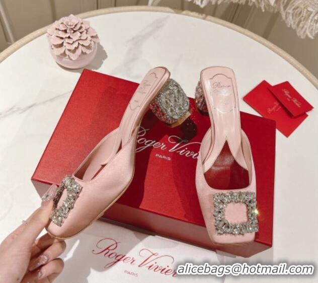 Charming Roger Vivier Heel Mules 5cm with Crystals Buckle in Satin 625121 Pink