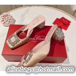 Lowest Price Roger Vivier Heel Mules 5cm with Crystals Buckle in Satin 625121 Beige