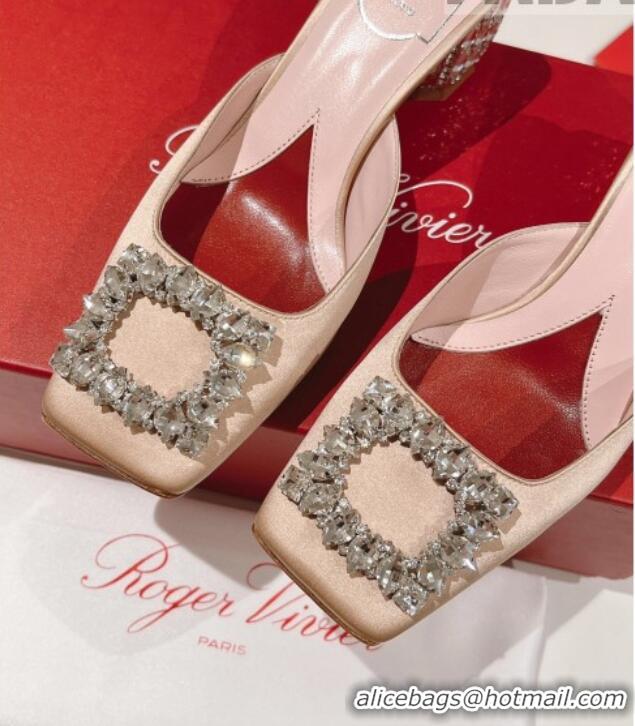 Lowest Price Roger Vivier Heel Mules 5cm with Crystals Buckle in Satin 625121 Beige