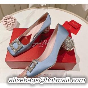 Good Quality Roger Vivier Pumps 5cm with Crystals Buckle in Satin Blue 625128