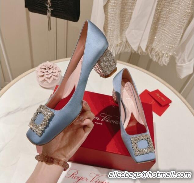 Good Quality Roger Vivier Pumps 5cm with Crystals Buckle in Satin Blue 625128