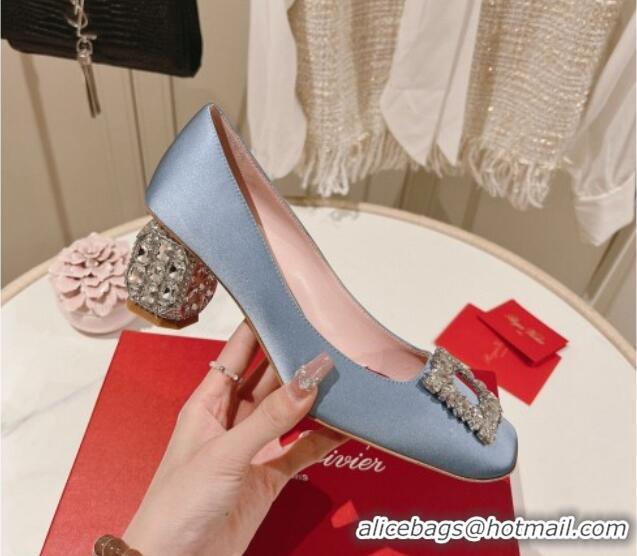 Good Quality Roger Vivier Pumps 5cm with Crystals Buckle in Satin Blue 625128