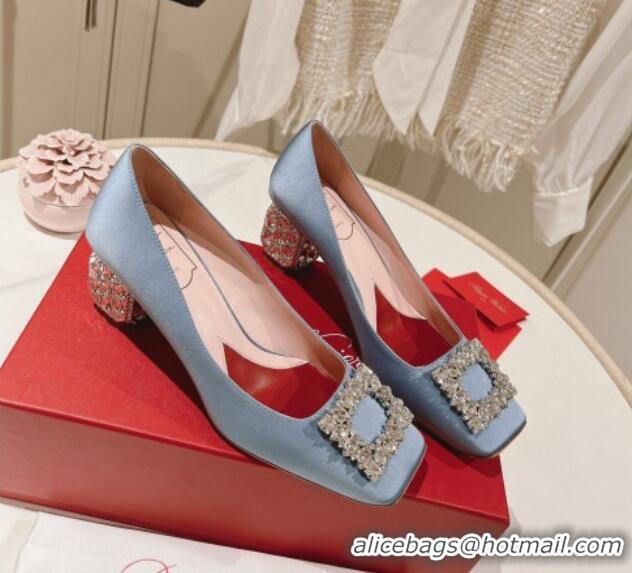 Good Quality Roger Vivier Pumps 5cm with Crystals Buckle in Satin Blue 625128