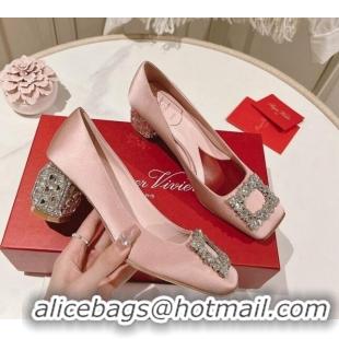 Best Grade Roger Vivier Pumps 5cm with Crystals Buckle in Satin Pink 625129