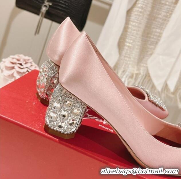 Best Grade Roger Vivier Pumps 5cm with Crystals Buckle in Satin Pink 625129