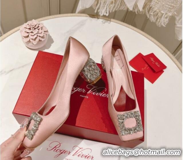 Best Grade Roger Vivier Pumps 5cm with Crystals Buckle in Satin Pink 625129