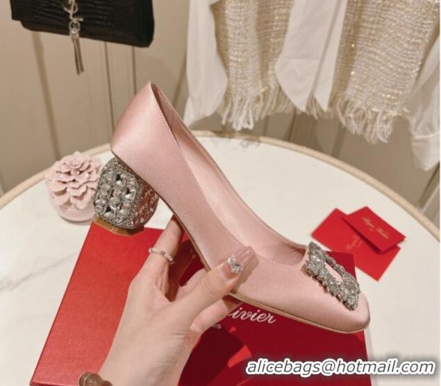 Best Grade Roger Vivier Pumps 5cm with Crystals Buckle in Satin Pink 625129