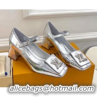 Luxury Cheap Louis Vuitton Shake Mary Janes Pumps 5.5cm in Metallic Snakeskin-Like Leather Silver 711117