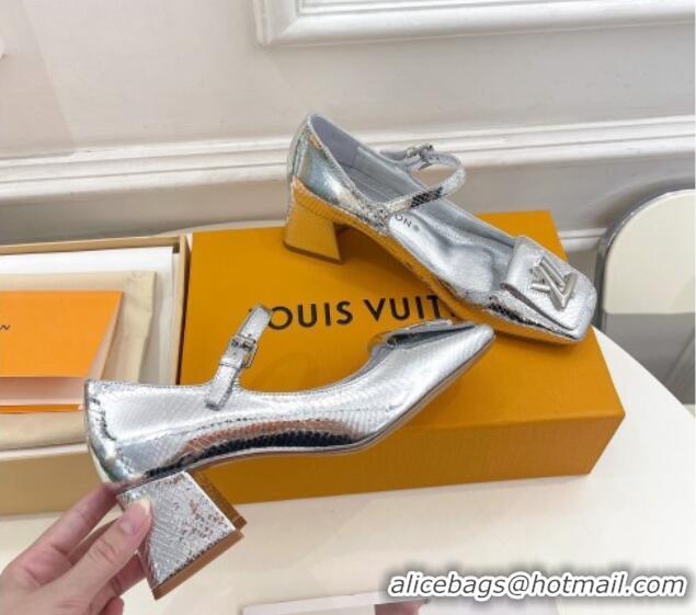 Luxury Cheap Louis Vuitton Shake Mary Janes Pumps 5.5cm in Metallic Snakeskin-Like Leather Silver 711117