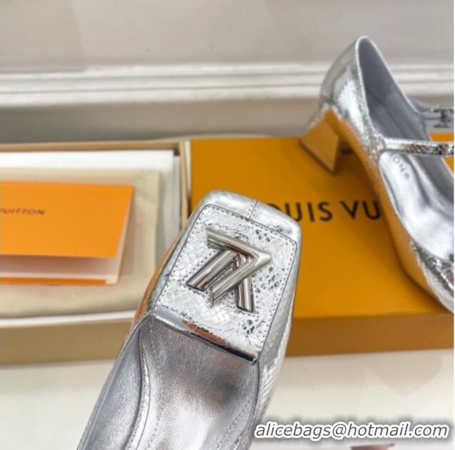 Luxury Cheap Louis Vuitton Shake Mary Janes Pumps 5.5cm in Metallic Snakeskin-Like Leather Silver 711117