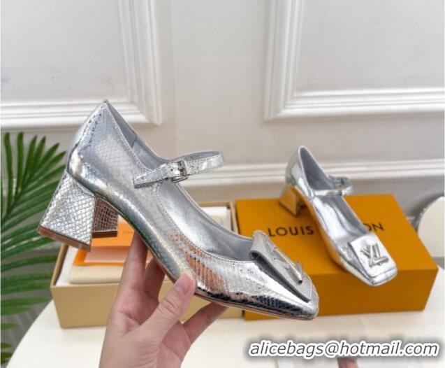 Luxury Cheap Louis Vuitton Shake Mary Janes Pumps 5.5cm in Metallic Snakeskin-Like Leather Silver 711117