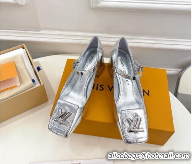 Luxury Cheap Louis Vuitton Shake Mary Janes Pumps 5.5cm in Metallic Snakeskin-Like Leather Silver 711117