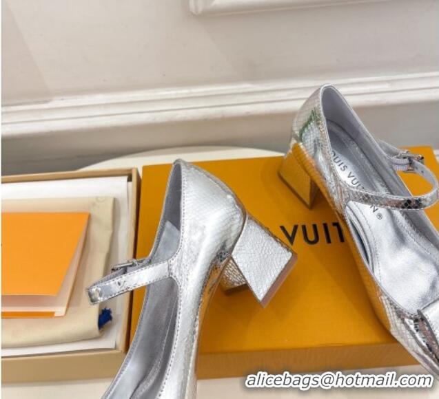 Luxury Cheap Louis Vuitton Shake Mary Janes Pumps 5.5cm in Metallic Snakeskin-Like Leather Silver 711117