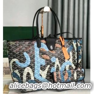 Unique Grade Goyard Saint Louis Tote Bag in Lettres Camouflage 020184 Black/Blue