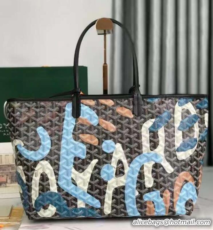 Unique Grade Goyard Saint Louis Tote Bag in Lettres Camouflage 020184 Black/Blue