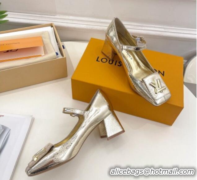 Luxury Louis Vuitton Shake Mary Janes Pumps 5.5cm in Metallic Snakeskin-Like Leather Gold 711118