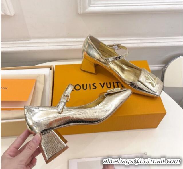 Luxury Louis Vuitton Shake Mary Janes Pumps 5.5cm in Metallic Snakeskin-Like Leather Gold 711118