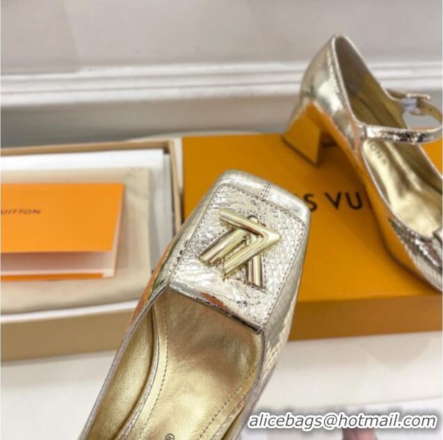 Luxury Louis Vuitton Shake Mary Janes Pumps 5.5cm in Metallic Snakeskin-Like Leather Gold 711118