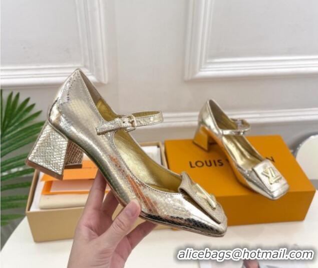 Luxury Louis Vuitton Shake Mary Janes Pumps 5.5cm in Metallic Snakeskin-Like Leather Gold 711118