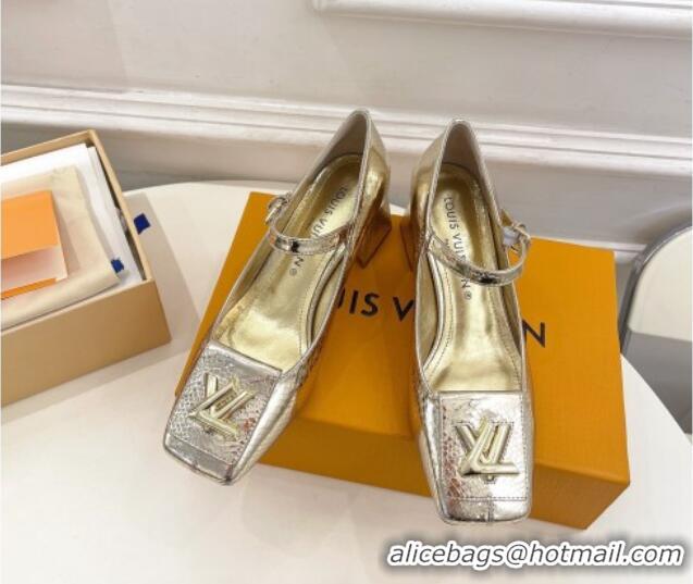 Luxury Louis Vuitton Shake Mary Janes Pumps 5.5cm in Metallic Snakeskin-Like Leather Gold 711118