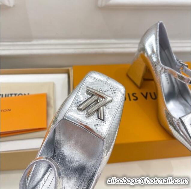 Good Quality Louis Vuitton Shake Mary Janes Pumps 8.5cm in Metallic Snakeskin-Like Leather Silver 711120