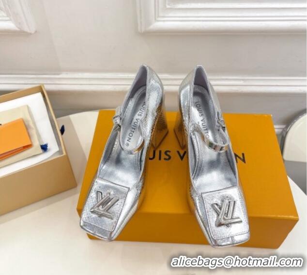 Good Quality Louis Vuitton Shake Mary Janes Pumps 8.5cm in Metallic Snakeskin-Like Leather Silver 711120