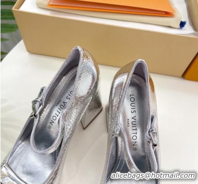 Good Quality Louis Vuitton Shake Mary Janes Pumps 8.5cm in Metallic Snakeskin-Like Leather Silver 711120