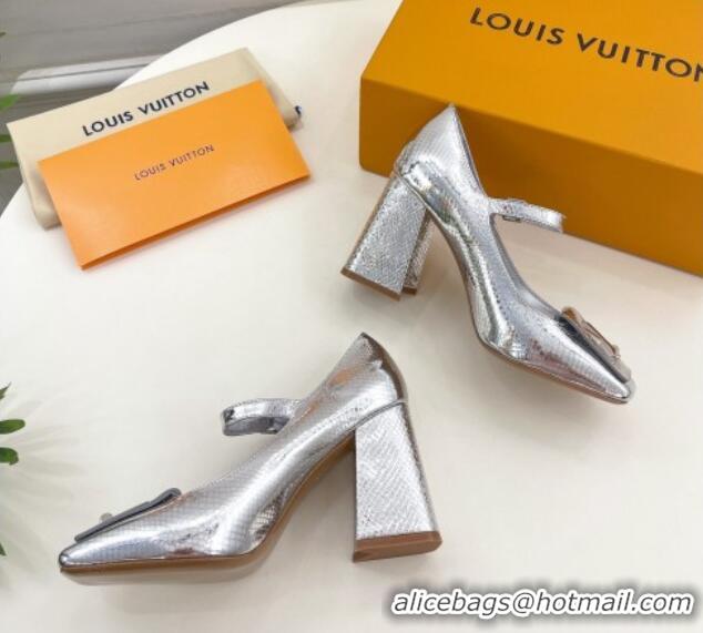 Good Quality Louis Vuitton Shake Mary Janes Pumps 8.5cm in Metallic Snakeskin-Like Leather Silver 711120