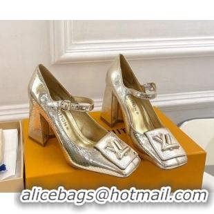 Classic Hot Louis Vuitton Shake Mary Janes Pumps 8.5cm in Metallic Snakeskin-Like Leather Gold 0711121