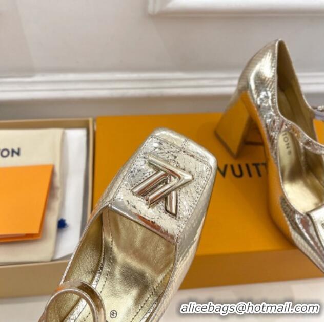 Classic Hot Louis Vuitton Shake Mary Janes Pumps 8.5cm in Metallic Snakeskin-Like Leather Gold 0711121