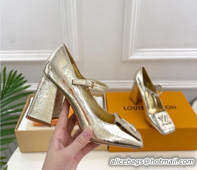 Classic Hot Louis Vuitton Shake Mary Janes Pumps 8.5cm in Metallic Snakeskin-Like Leather Gold 0711121