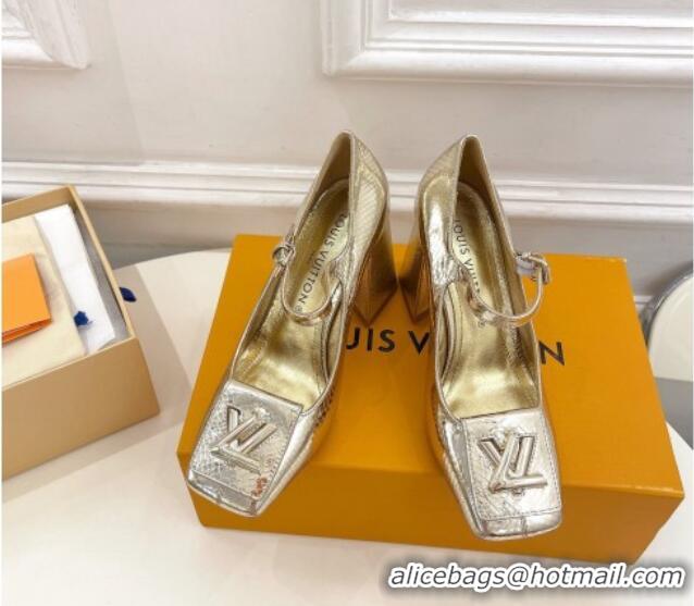 Classic Hot Louis Vuitton Shake Mary Janes Pumps 8.5cm in Metallic Snakeskin-Like Leather Gold 0711121