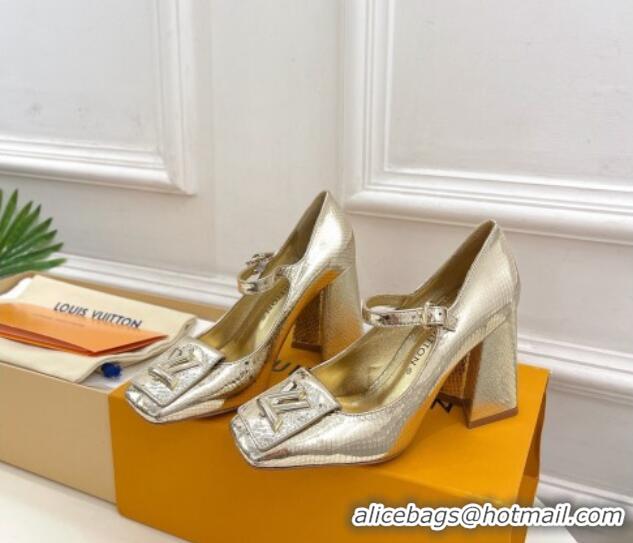 Classic Hot Louis Vuitton Shake Mary Janes Pumps 8.5cm in Metallic Snakeskin-Like Leather Gold 0711121