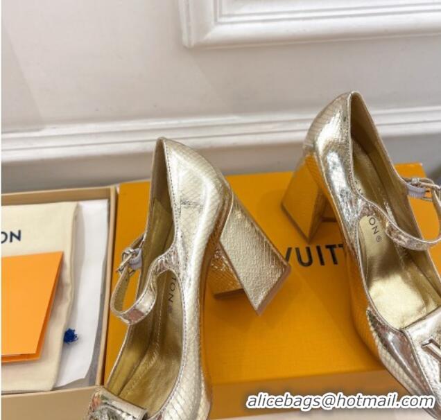 Classic Hot Louis Vuitton Shake Mary Janes Pumps 8.5cm in Metallic Snakeskin-Like Leather Gold 0711121