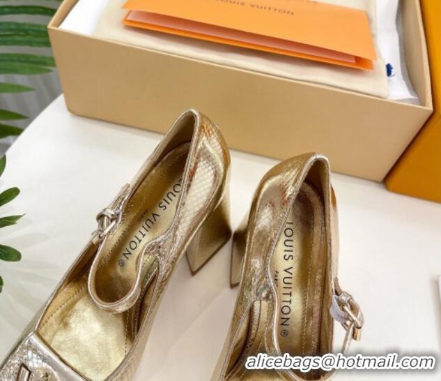 Classic Hot Louis Vuitton Shake Mary Janes Pumps 8.5cm in Metallic Snakeskin-Like Leather Gold 0711121