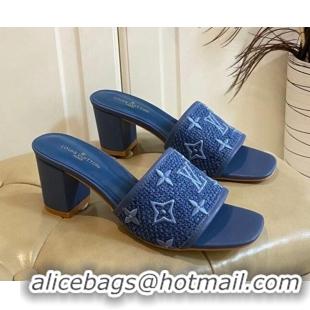 Stylish Louis Vuitton Wove Fabric Heel Slide Sandals 6.5cm Navy Blue 711126