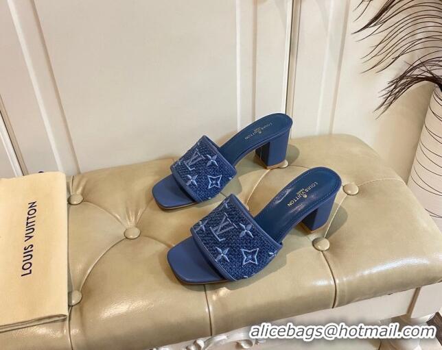 Stylish Louis Vuitton Wove Fabric Heel Slide Sandals 6.5cm Navy Blue 711126