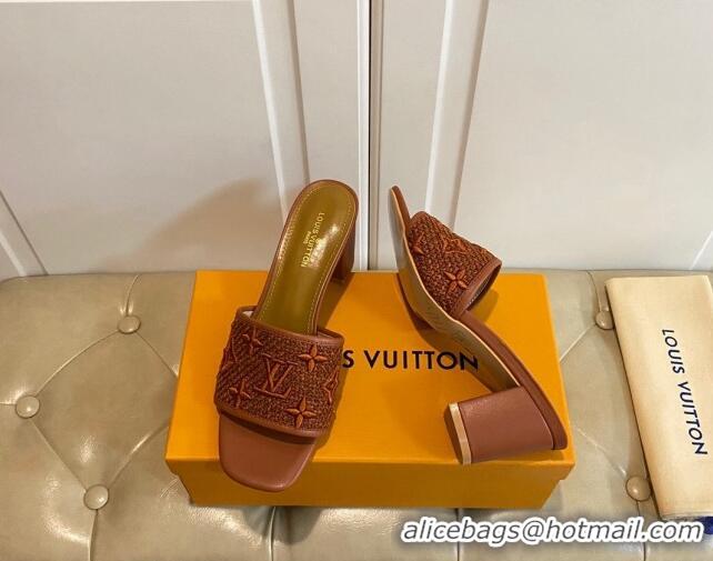 Luxury Louis Vuitton Wove Fabric Heel Slide Sandals 6.5cm Brown 711129